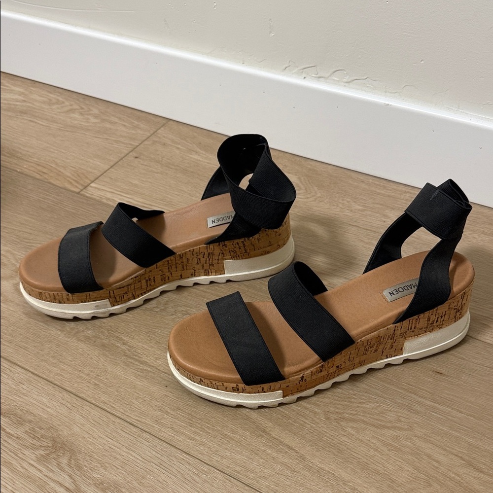 Steve Madden Black Strappy Sandals with Cork Wedge